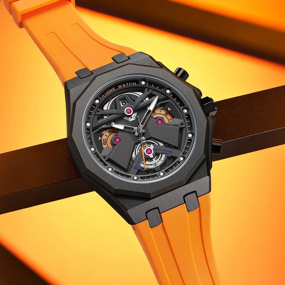 LILUOKE Man Wristwatch Quartz Watch Stainless Steel Case Silicone Strap Waterproof Fashion Watches for Men Sport Watch — image 4