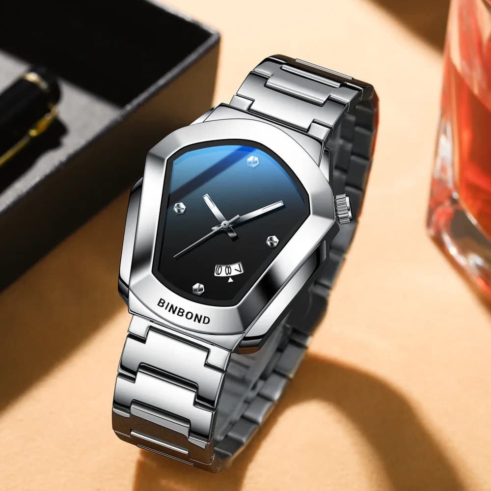 BINBOND Men's Luxury Quartz Watch Sleek Steel Strap Futuristic Fashion Waterproof Simple Style Timepiece Gift Watch